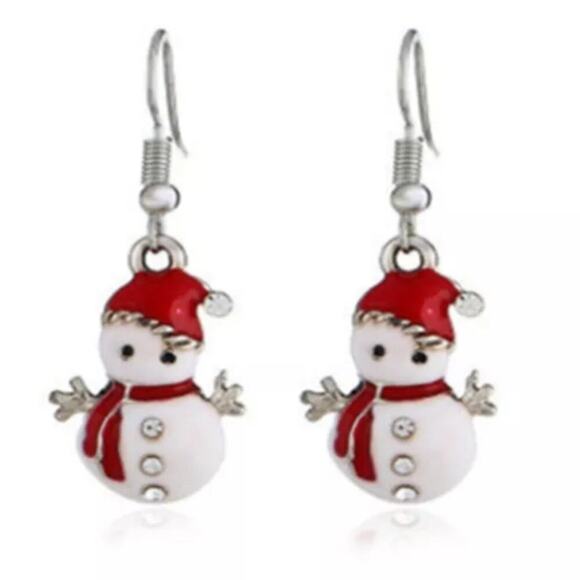snowman enamel earrings, red hat & crystal buttons, festive Christmas earrings - Picture 1 of 1